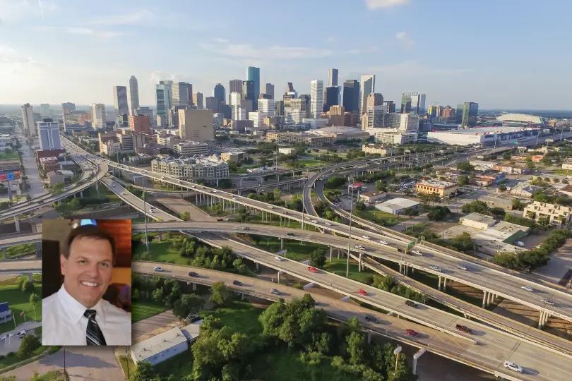 Aerial view of an urban landscape featuring Noel Padron's headshot in the bottom left corner